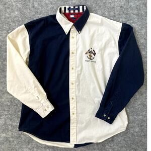 Tommy Hilfiger button up shirt patch nautical embroidered long sleeve Y2K XL